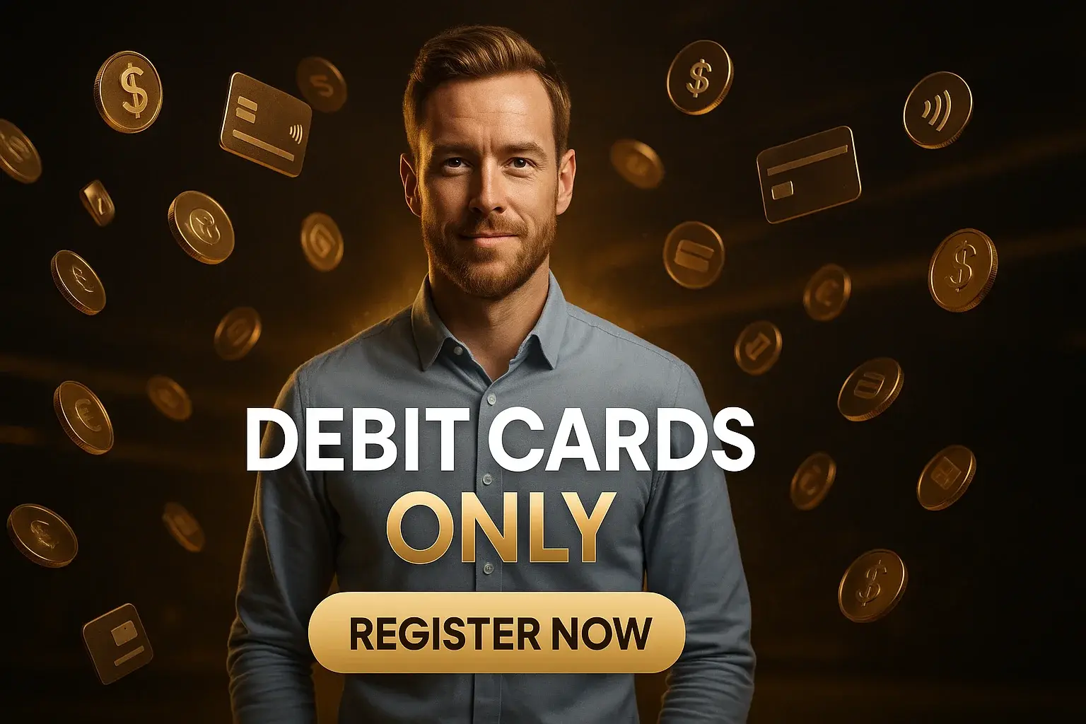 Wide sports betting banner with British man, gold coins and debit card CTA