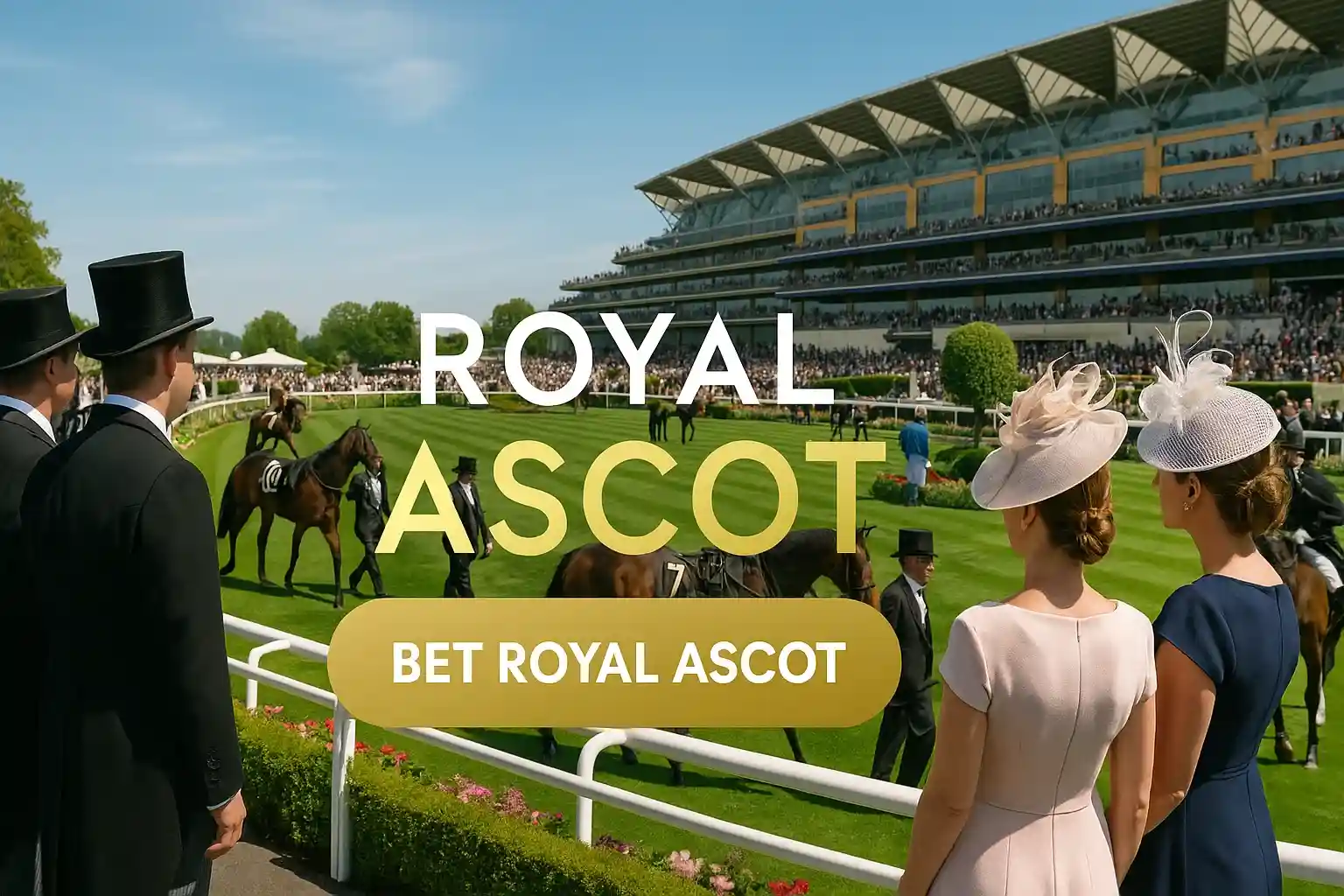 Royal Ascot Gold Cup day horse racing banner with racegoers and paddock