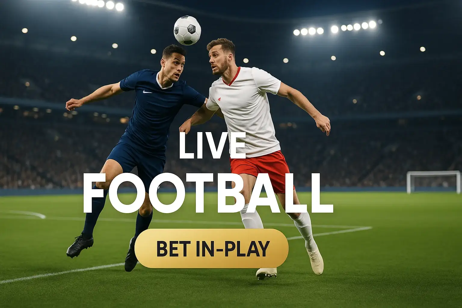 Photorealistic in-play football betting banner with live match and CTA button