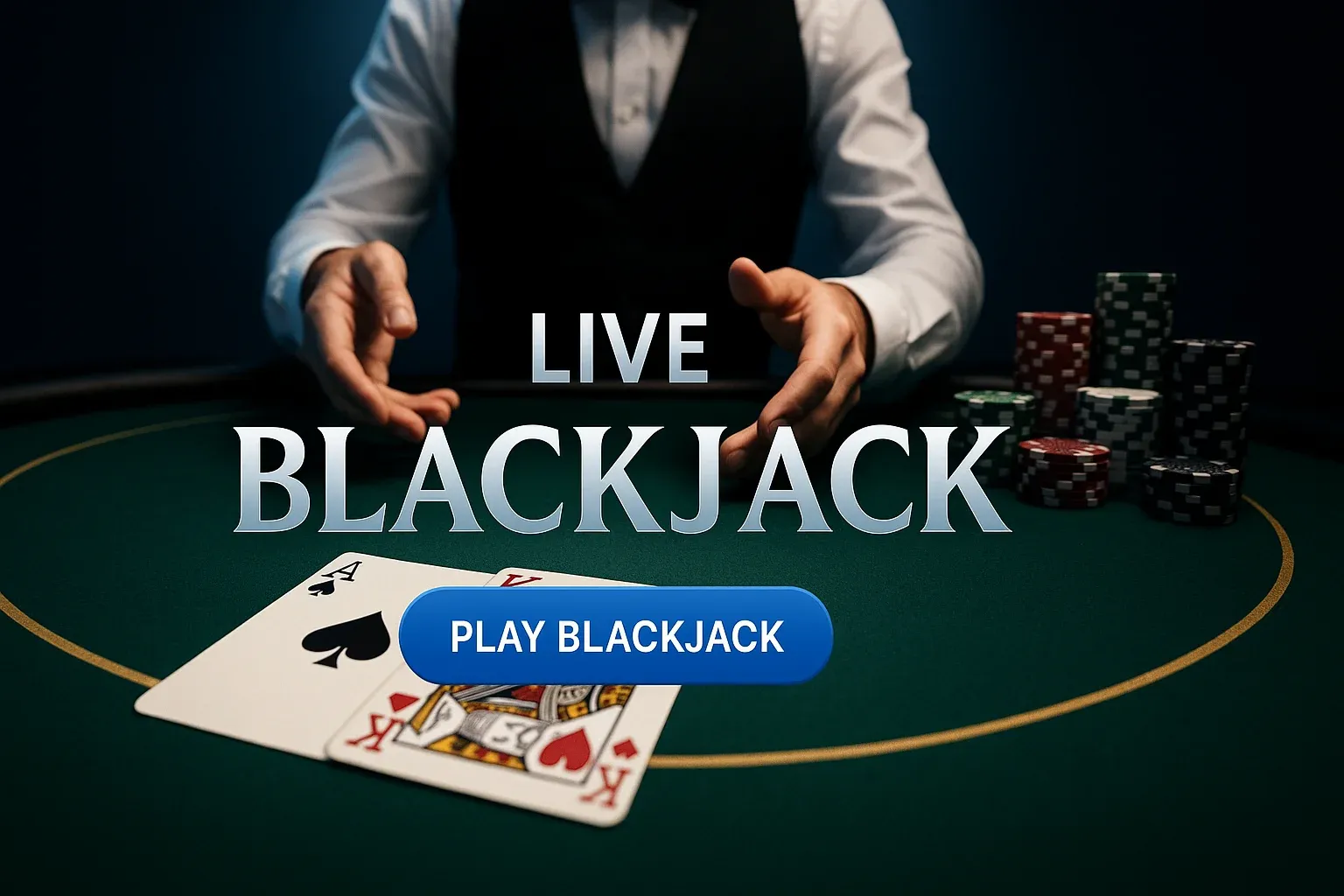 Photorealistic live blackjack table banner with cards, chips, croupier hands and CTA