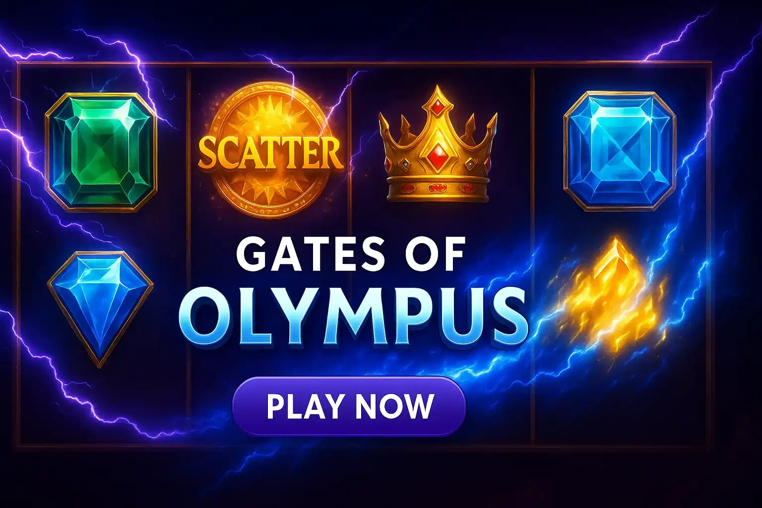 Photorealistic slot reels banner with purple lightning, glowing scatters and CTA button