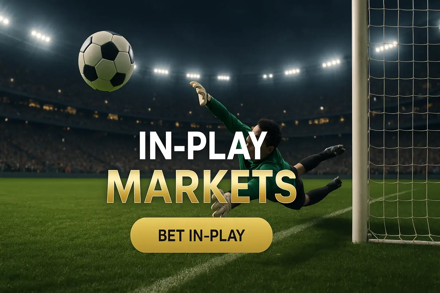 Photorealistic in-play sports betting banner with football, diving goalkeeper and CTA